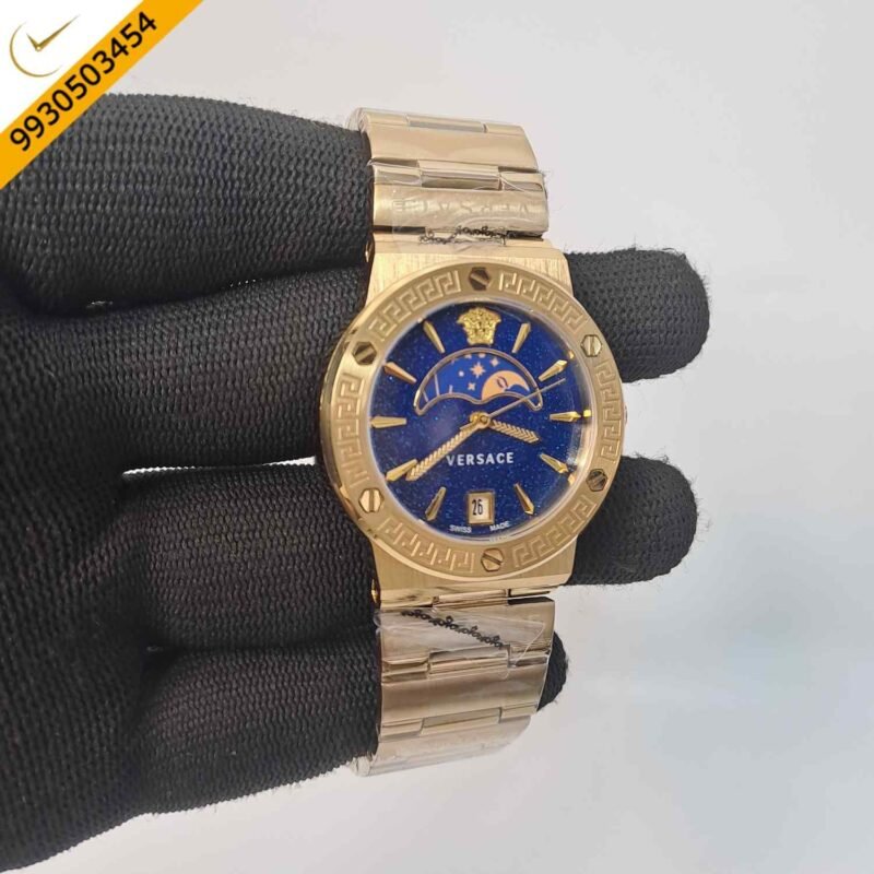 Versace GRECA LOGO MOONPHASE Blue Dial Gold Stainless Steel Dual Tone  Swiss Watch - Image 3