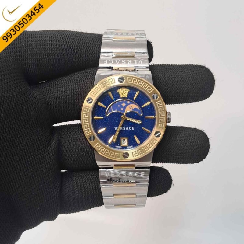 Versace GRECA LOGO MOONPHASE Blue Dial Stainless Steel Dual Tone Swiss Watch