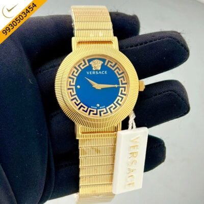 Versace Gold Watch Blue Dial Polished Gold Strap Quartz Watch