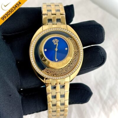 Versace Diamond Watch Blue Dial Polished Gold Strap Quartz Watch