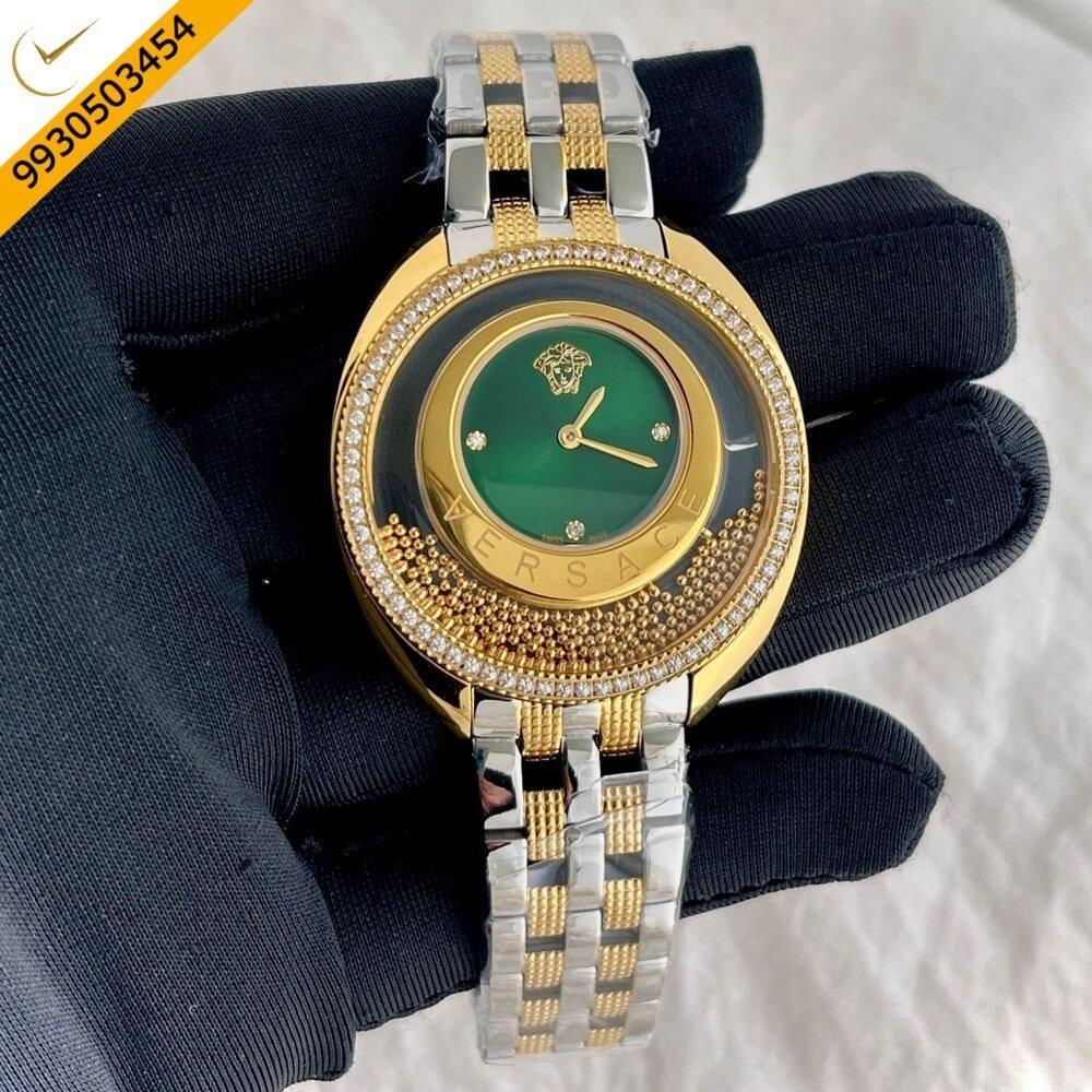 Versace Diamond Watch Green Dial Dual Ton Strap Quartz Watch
