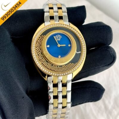 Versace Diamond Watch Light Blue Dial Polished Gold Strap Quartz Watch