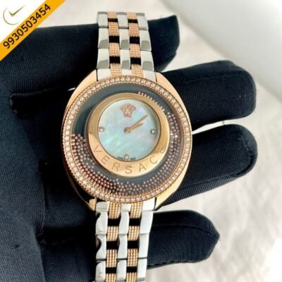 Versace Rose Gold Watch Diamond White Dial Dual Ton Strap Quartz Watch