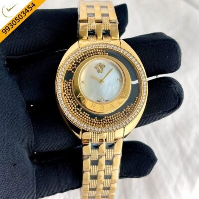 Versace Gold Diamond White Dial Polished Gold Strap Quartz Watch