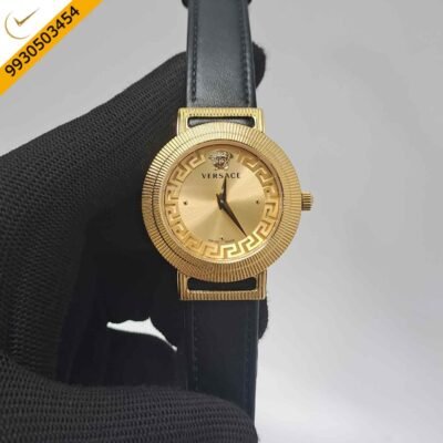 Versace Greca Chic Full Gold Edition Black Leather Strap Swiss Watch