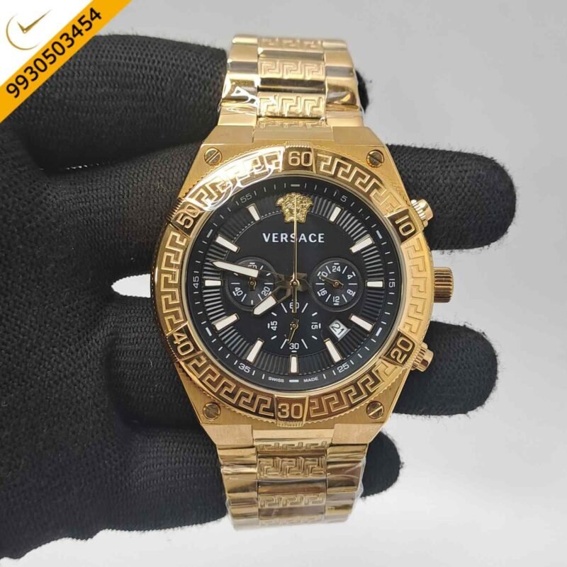 Versace V-Sporty Greca Chronograph Full Gold Black Dial Swiss Watch