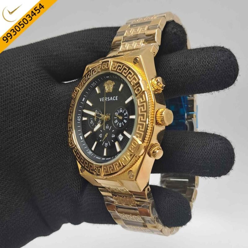 Versace V-Sporty Greca Chronograph Full Gold Black Dial Swiss Watch - Image 3