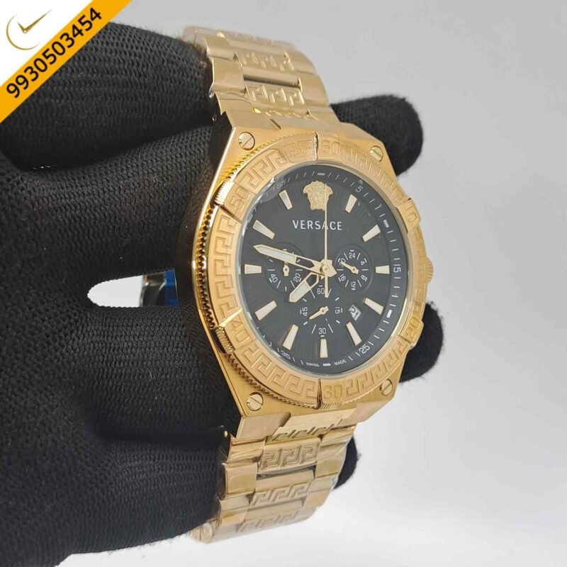 Versace V-Sporty Greca Chronograph Full Gold Black Dial Swiss Watch - Image 2