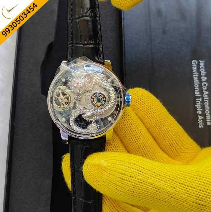 Jacob & Co. Astronomia Silver Dragon Dial Black Leather Swiss Watch