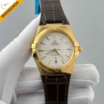 Omega Constellation Co Axial Gold White Dial Brown Leather Swiss Automatic Watch
