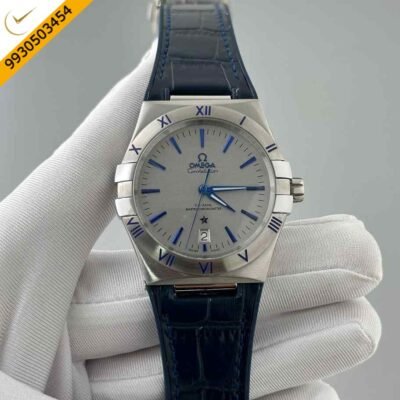 Omega Constellation Co Axial Silver Grey Dial Navy Black Leather Swiss Automatic Watch