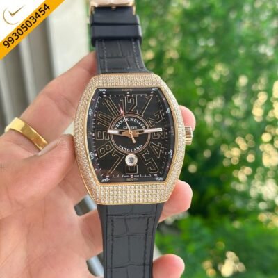 Franck Muller Vanguard Rose Gold Diamond Bezel Black Dial Swiss Automatic Watch