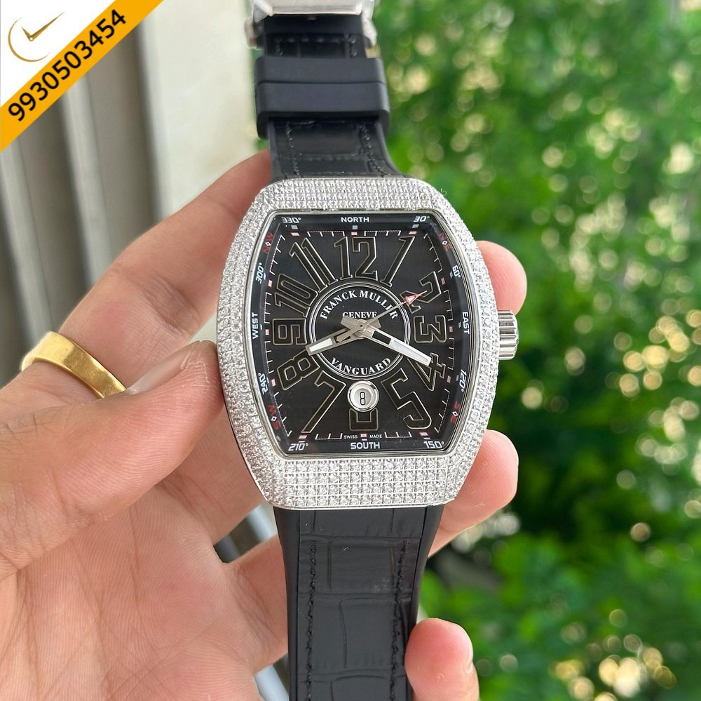 Franck Muller Vanguard Silver Diamond Bezel Black Dial Swiss Automatic Watch