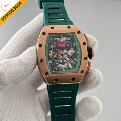 Richard Mille RM011 Rose Gold Green Dial Green Rubber Strap Swiss Automatic Watch