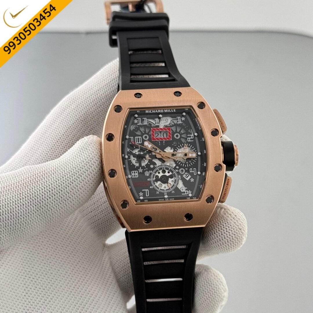 Richard Mille RM011 Rose Gold Black Dial Black Rubber Strap Swiss Automatic Watch