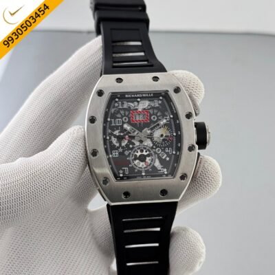 Richard Mille RM011 Silver Black Dial With Black Rubber Strap Swiss Automatic Watch