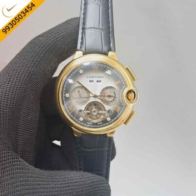 Cartier Ballon Bleu 45 Annual Calendar Gold Black Leather Strap Swiss Automatic Watch