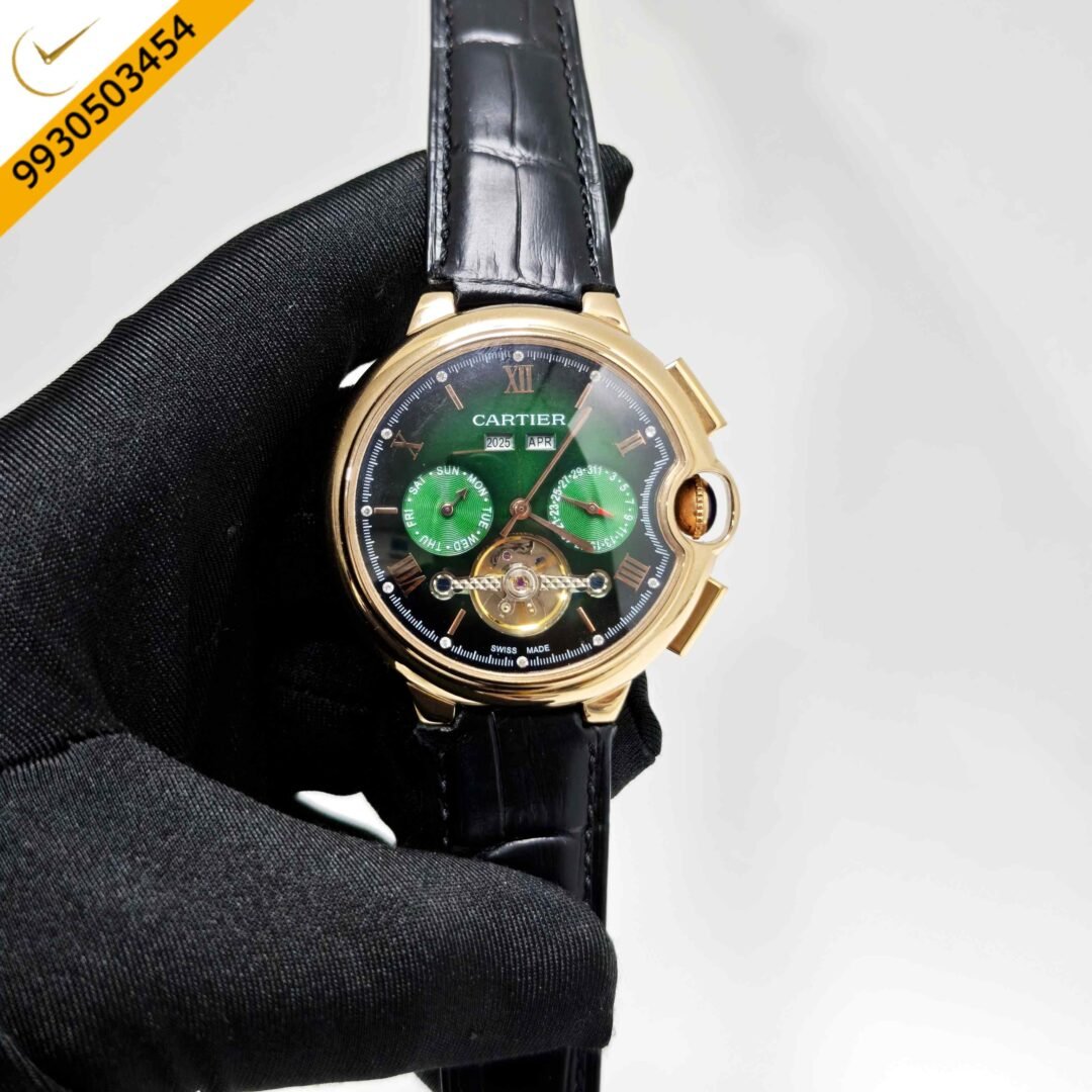 Cartier Ballon Bleu 45 Annual Calendar Gold Green Dial Black Leather Strap Swiss Automatic Watch