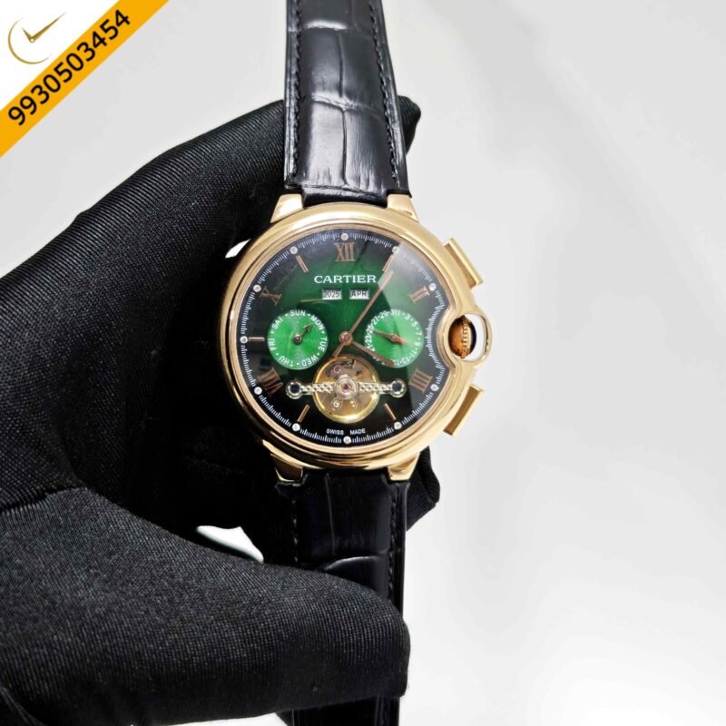 Cartier Ballon Bleu 45 Annual Calendar Gold Green Dial Black Leather Strap Swiss Automatic Watch