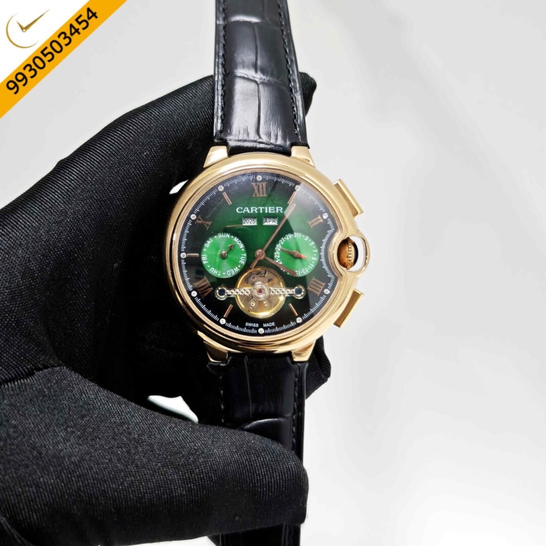 Cartier Ballon Bleu 45 Annual Calendar Gold Green Dial Black Leather Strap Swiss Automatic Watch