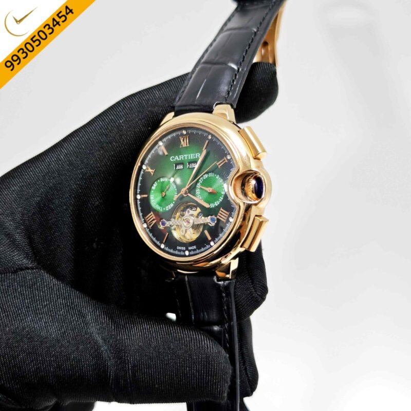 Cartier Ballon Bleu 45 Annual Calendar Gold Green Dial Black Leather Strap Swiss Automatic Watch - Image 2