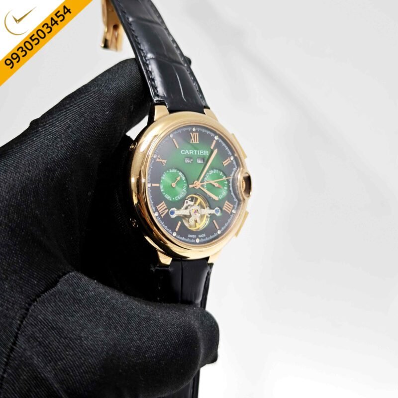 Cartier Ballon Bleu 45 Annual Calendar Gold Green Dial Black Leather Strap Swiss Automatic Watch - Image 3