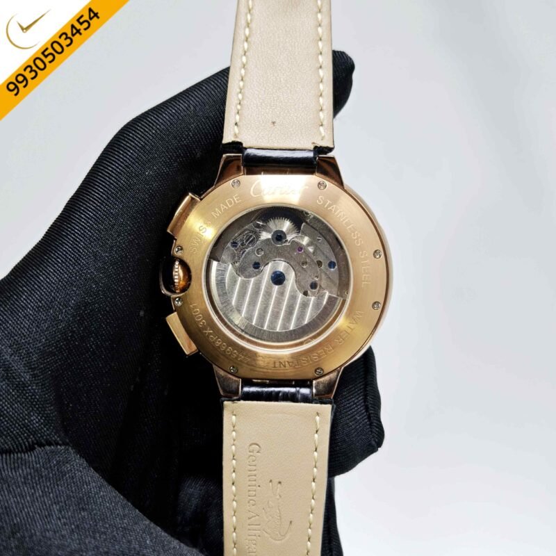 Cartier Ballon Bleu 45 Annual Calendar Gold Green Dial Black Leather Strap Swiss Automatic Watch - Image 4