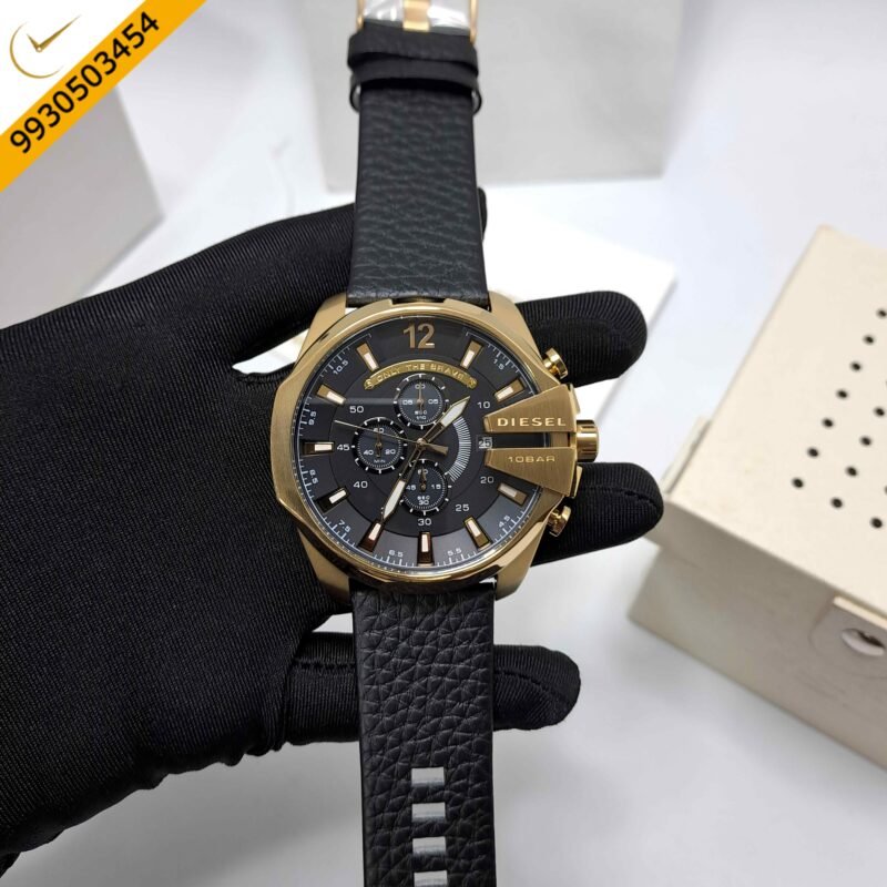 Diesel Mega Chief Chronograph  Black Dial Leather Strap Swiss Quartz Watch
