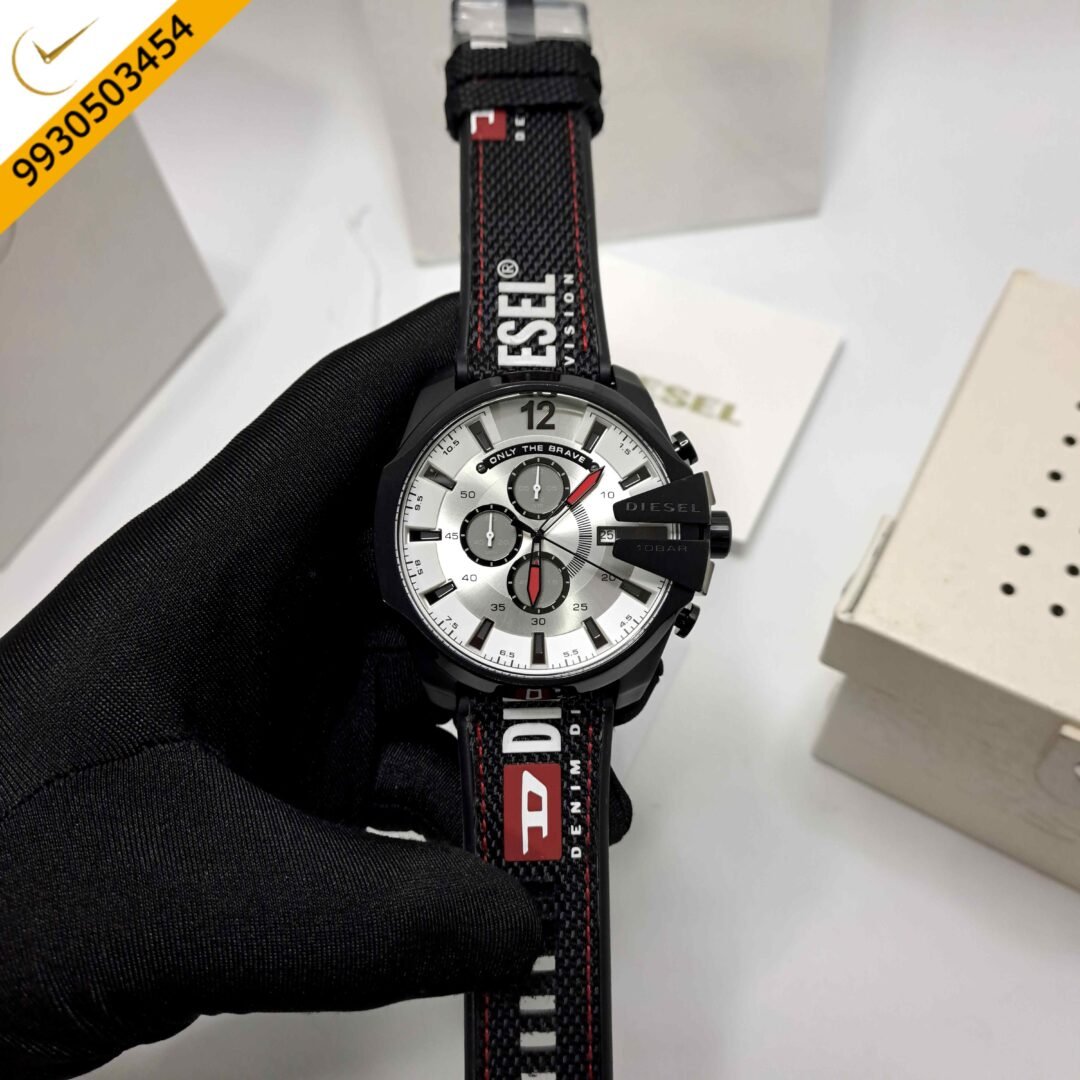 Diesel Mega Chief Chronograph Silver Dial Black Leather Strap Swiss Quartz Watch