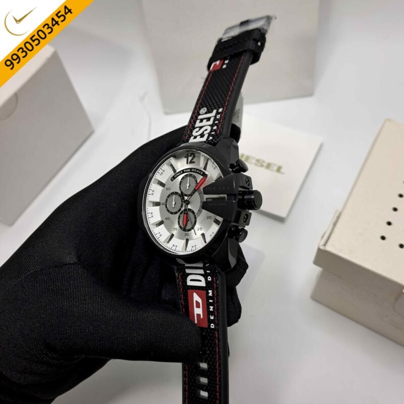 Diesel Mega Chief Chronograph Silver Dial Black Leather Strap Swiss Quartz Watch - Image 2