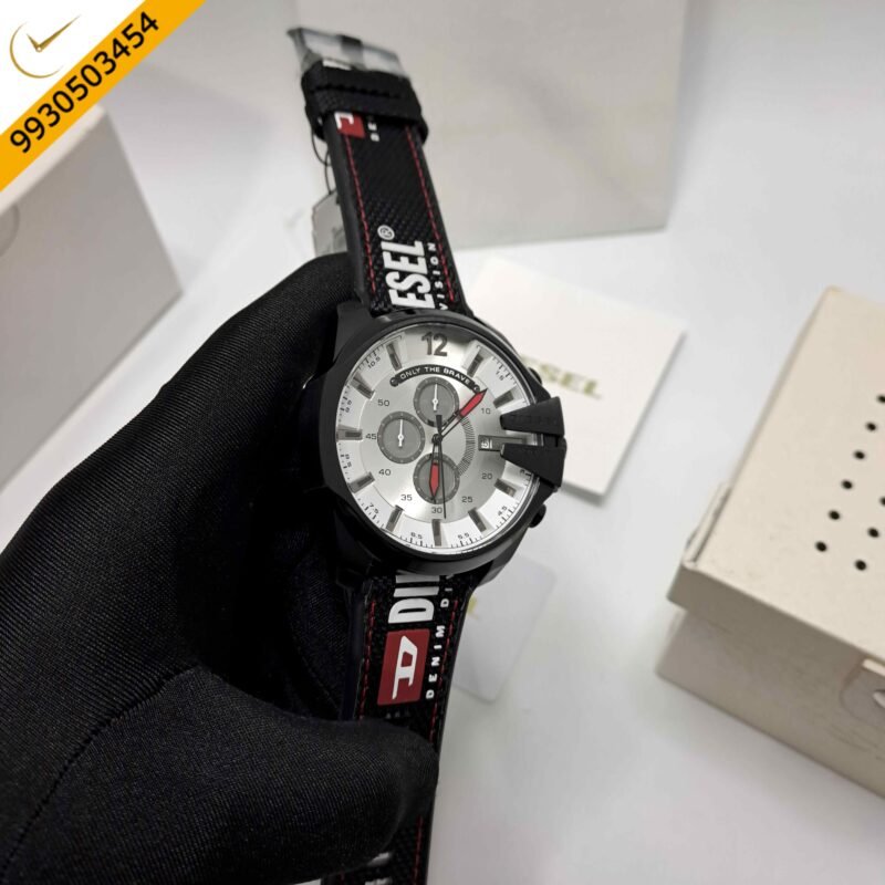 Diesel Mega Chief Chronograph Silver Dial Black Leather Strap Swiss Quartz Watch - Image 3