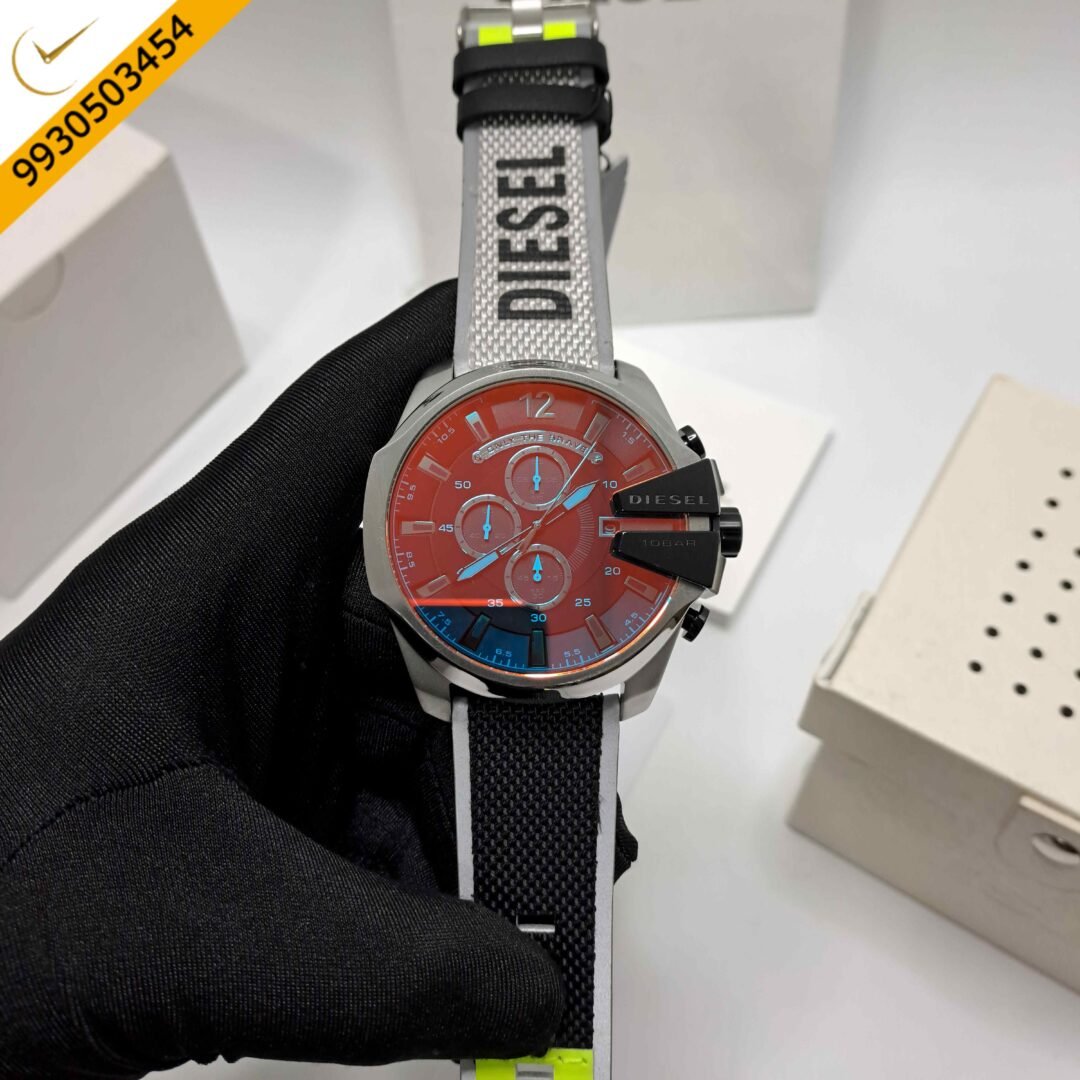 Diesel Mega Chief Steel Black Dial Black Leather Strap Swiss Quartz Watch