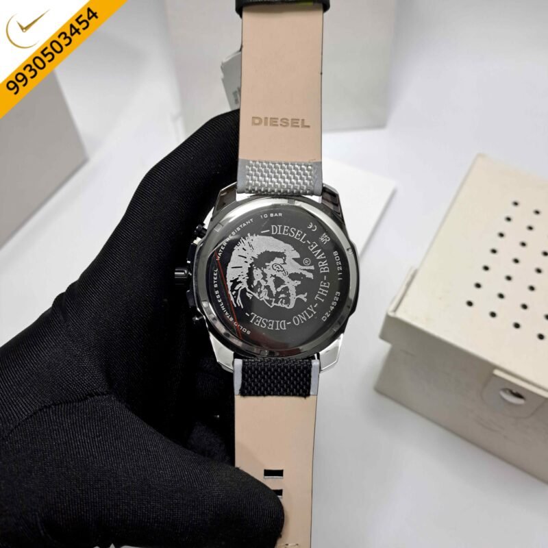 Diesel Mega Chief Steel Black Dial Black Leather Strap Swiss Quartz Watch - Image 4