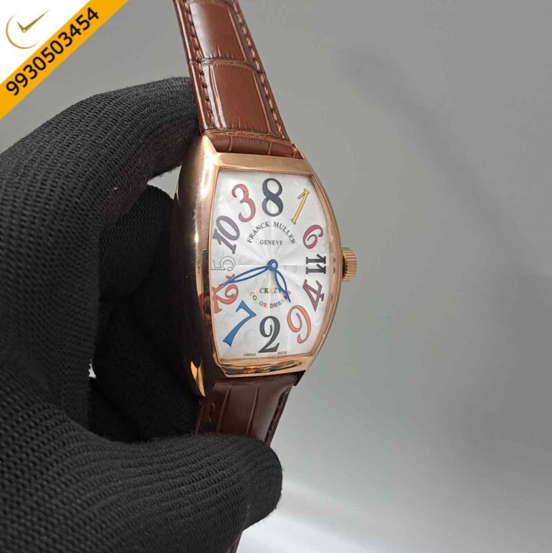 Franck Muller Crazy Hours Color Dreams Rose Gold White Dial Brown Leather Strap Swiss Automatic Watch - Image 3
