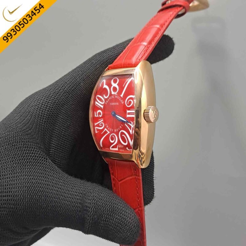 Franck Muller Crazy Hours Rose Gold Red Dial Red Leather Strap Swiss Automatic Watch - Image 2