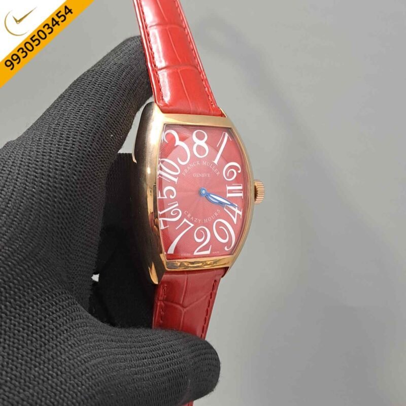Franck Muller Crazy Hours Rose Gold Red Dial Red Leather Strap Swiss Automatic Watch - Image 3