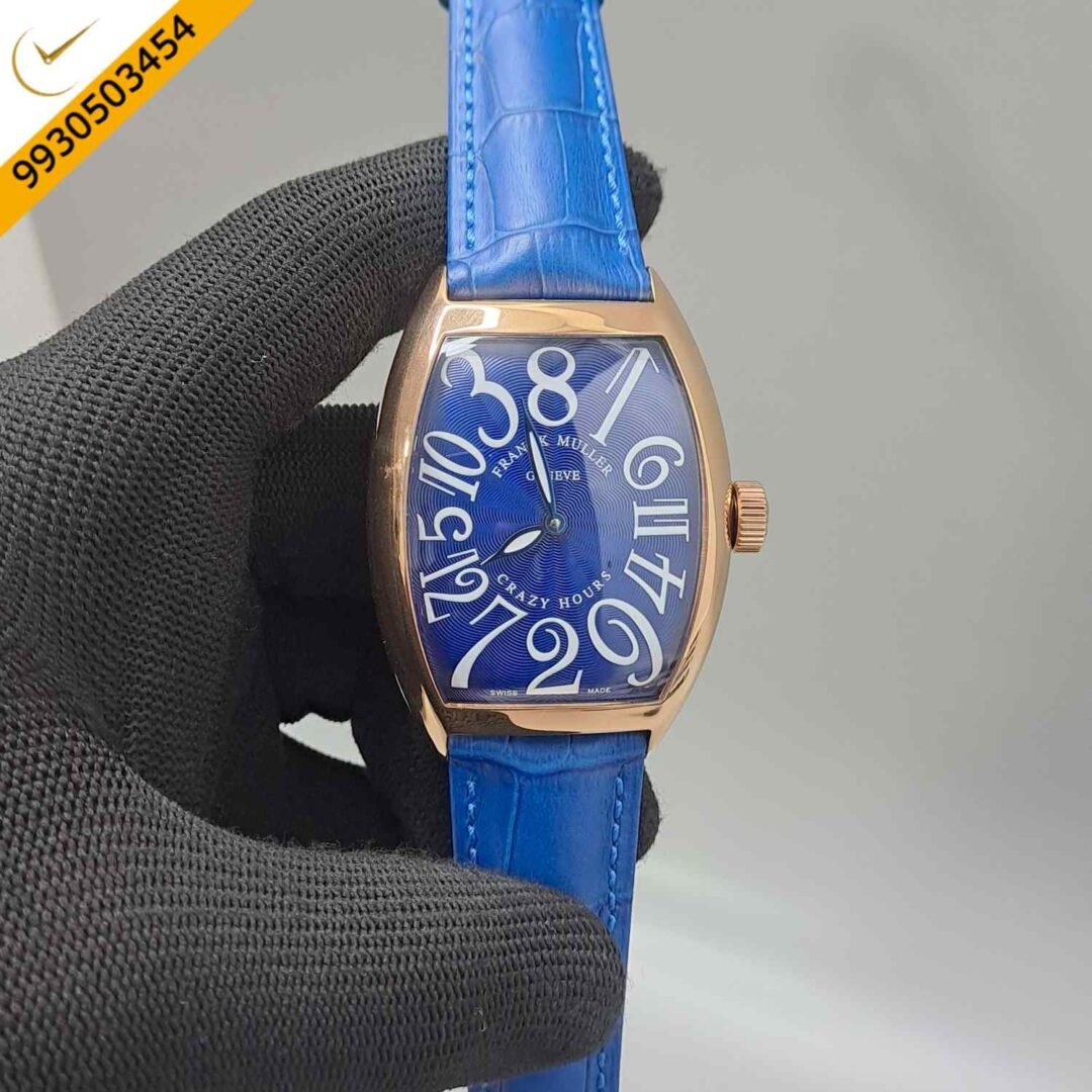 Franck Muller Crazy Hours Rose gold Blue Dial Blue Leather Strap Swiss Automatic Watch