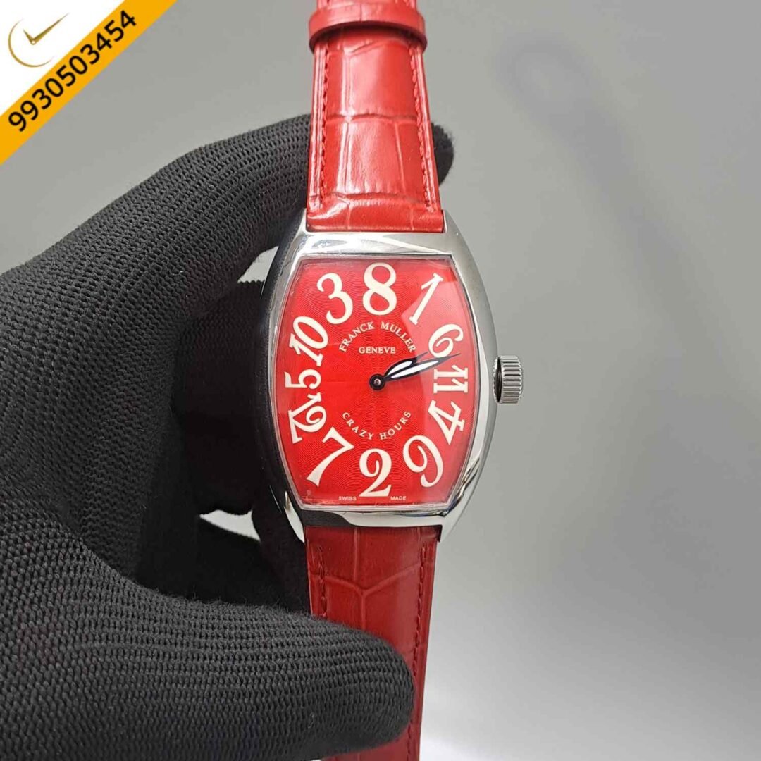 Franck Muller Crazy Hours Silver Dark Red Dial Red Leather Strap Swiss Automatic Watch