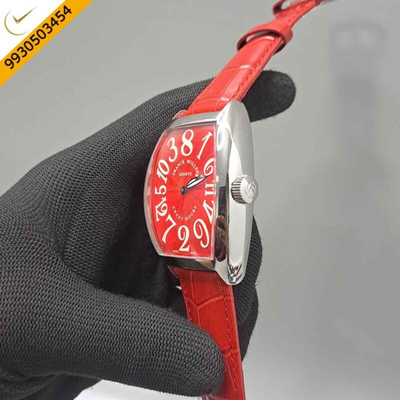 Franck Muller Crazy Hours Silver  Dark Red Dial Red Leather Strap Swiss Automatic Watch - Image 2