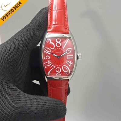 Franck Muller Crazy Hours Silver Red Dial Red Leather Strap Swiss Automatic Watch