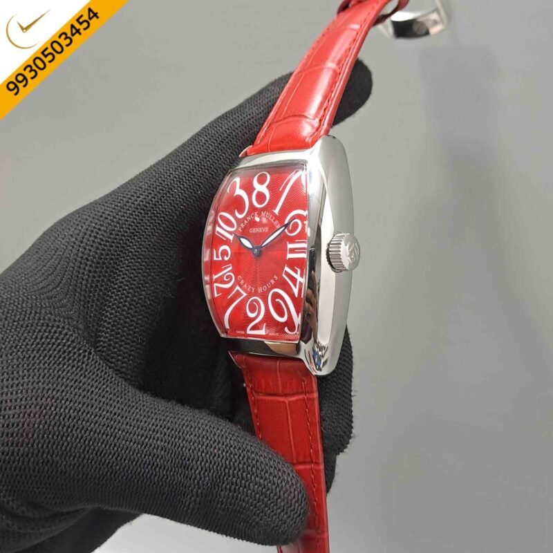 Franck Muller Crazy Hours Silver Red Dial Red Leather Strap Swiss Automatic Watch - Image 2