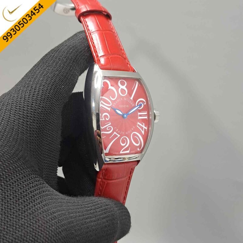 Franck Muller Crazy Hours Silver Red Dial Red Leather Strap Swiss Automatic Watch - Image 3
