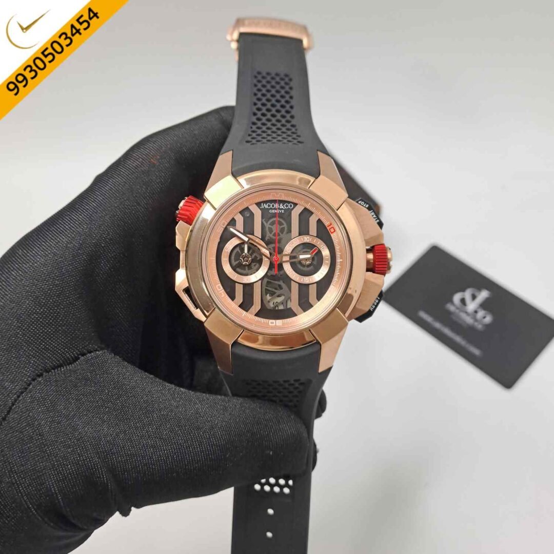 Jacob & Co Epic X Chronograph Rose Gold Black Dial Black Rubber Strap Swiss Automatic Watch