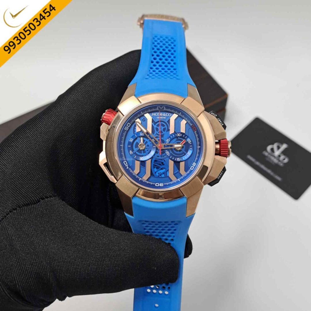Jacob & Co Epic X Chronograph Rose Gold Blue Dial Blue Rubber Strap Swiss Automatic Watch