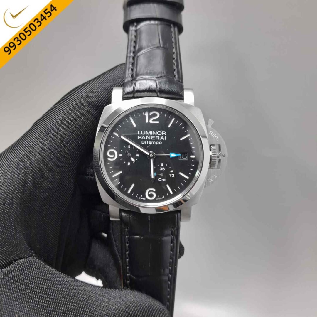Luminor Panerai Bitempo Black Dial Stainless Steel Case Black leather strap Automatic Watch
