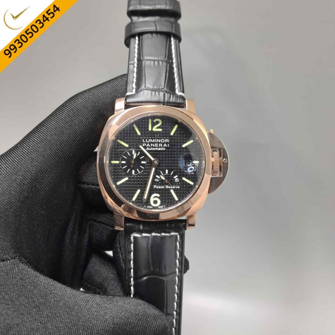 Luminor Panerai Power Resurve Rose Gold Case Black Dial Leather Strap Swiss Automatic Watch