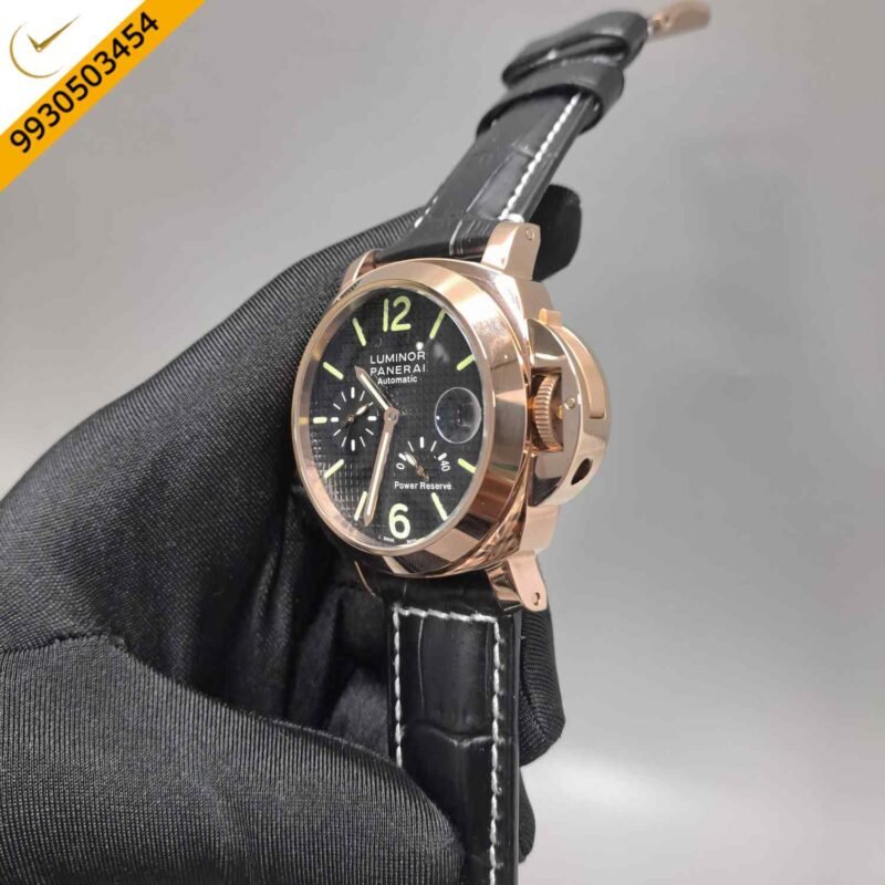 Luminor Panerai Power Resurve Rose Gold Case Black Dial Leather Strap Swiss Automatic Watch - Image 2