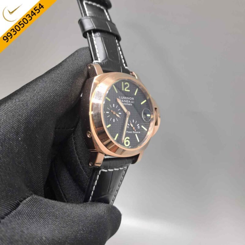 Luminor Panerai Power Resurve Rose Gold Case Black Dial Leather Strap Swiss Automatic Watch - Image 3