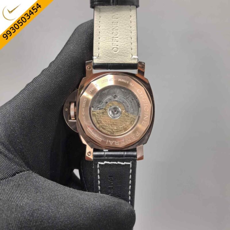 Luminor Panerai Power Resurve Rose Gold Case Black Dial Leather Strap Swiss Automatic Watch - Image 4