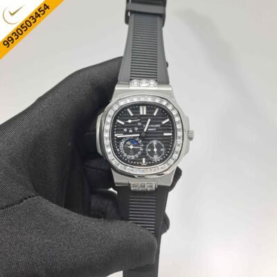 Patek Philippe Nautilus Moon Phase Diamond Baguette Black Dial Black Rubber Strap Swiss Automatic Watch